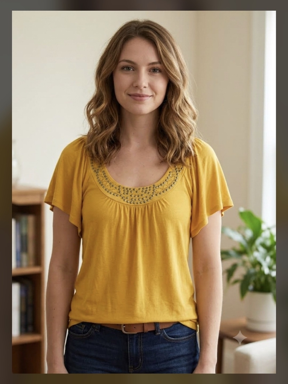 Apt. 9 Mustard Scoop Neck Embellished Flutter Sleeve Top